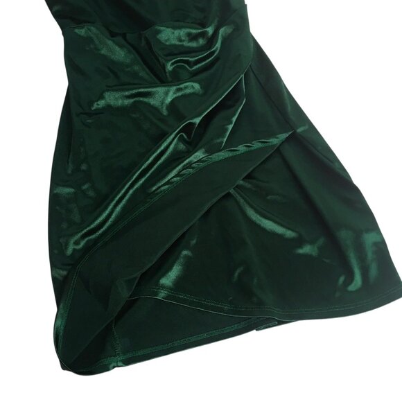 Holiday Fairy Dress Christmas Women Medium Green Satin Ruched Bodycon Mini Party - Picture 5 of 16